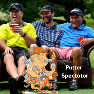 golfers sitting on a couch on the golf course